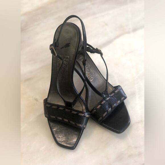 Vintage Salvatore ferragamo black bronze laced leather strappy block heels sz 6 - Picture 1 of 16